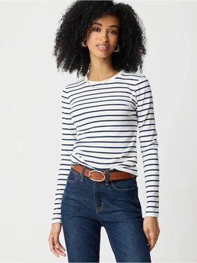 J. Crew White/Blue Striped Long Sleeve Crewneck Everyday Tee XS NWT